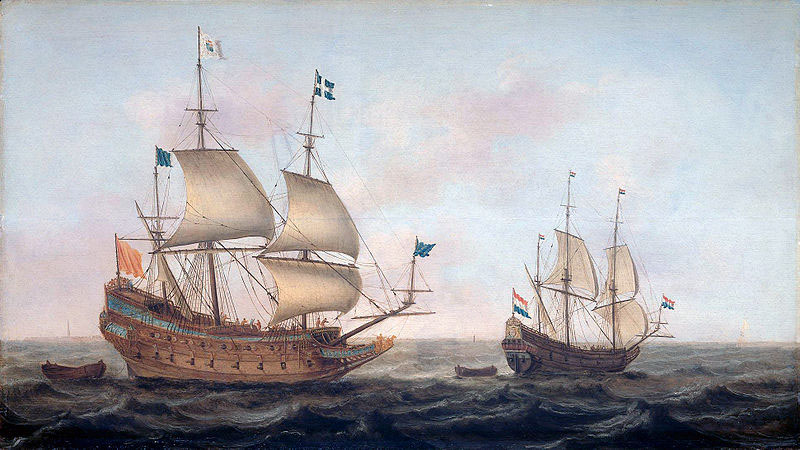 French man-of-war escorted by a Dutch ship in quiet water